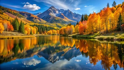 Fototapeta premium Vibrant golden aspens and orange maples surround a serene mountain lake, reflecting the blue sky on a crisp autumn morning in Utah's mountains.