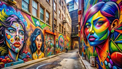 Fototapeta premium Vibrant graffiti mural created by multi-ethnic teenagers in an urban alleyway, showcasing their creativity, self-expression, and rebellion through bold colors and abstract designs.