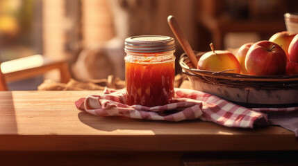 A jar of apple jam on the table near the window. Rustic style. A taste of childhood. Grandmother's house. Soft morning light. Grandparents day, harvest festival, national homemade bread day.