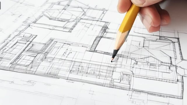Close up of architecture design project of building. Professional architectural engineering plan drawing on the table. Architect's creative work. House construction blueprints. Person hand closeup.