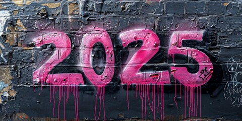 street art. pink graffiti tag of the word "2025" spray painted on a black wall