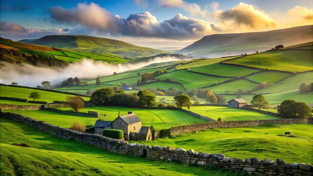 Vibrant green grass and clover-covered hills surround a serene Irish countryside scene, complete with old stone walls and a misty morning atmosphere.