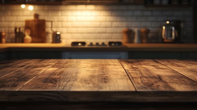 Ein h&Atilde;&para;lzerner Tisch vor einem verschwommenen K&Atilde;&frac14;chenhintergrund. Der leere Holztisch steht im Vordergrund, w&Atilde;&curren;hrend die K&Atilde;&frac14;chenzeile im Hintergrund unscharf und weich beleuchtet ist.