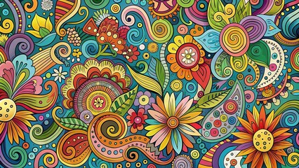 Fototapeta premium Vibrant, hand-drawn decorative doodles in various shapes, sizes, and colors, featuring whimsical patterns, swirls, and flourishes, adding a playful touch to any design or background.