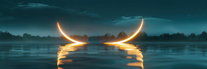 Obraz premium Crescent Curves of Light: The shape of a crescent moon reflected on a peaceful lake.