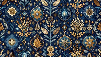 Vibrant indigo fabric featuring an intricate, hand-drawn pattern of geometric shapes and botanical elements in shades of blue, gold, and cream on a dark background.