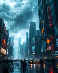 A chaotic futuristic cityscape during a storm, dark clouds swirling above, lightning illuminating the skyline, futuristic buildings towering with holographic advertisements flickering in the wind, peo