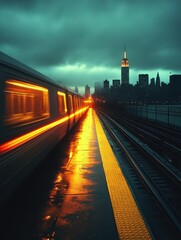 Fototapeta premium Rainy Evening Cityscape with a Speeding Train, Reflections on a Wet Platform and Distant Skyscraper Skyline.