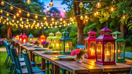 Vibrant lanterns illuminate a lively outdoor gathering with colorful tables, lush greenery, and twinkling string lights, evoking a sense of joyful celebration and carefree summer nights.