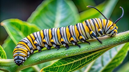 Fototapeta premium Vibrant monarch caterpillar with yellow, black, and white stripes eats milkweed leaves, its tiny legs and delicate body a precursor to majestic butterfly beauty.