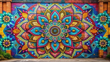 Obraz premium Vibrant multicolored stencil art mural on urban brick wall, featuring intricate geometric patterns, shapes, and abstract designs, adding pops of color to cityscape.