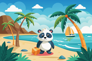 panda on the palm sea beach vector illustration