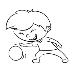line drawing boy playing ball, football player running with ball, black and white drawing illustration, child playing ball