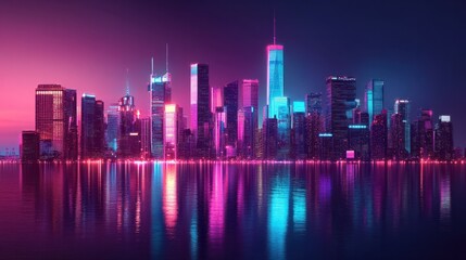 Fototapeta premium Futuristic financial district skyline, neon lights symbolizing business growth and innovation
