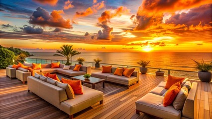 Vibrant orange sunset casts a warm glow on upscale outdoor lounge area with plush pillows, sleek chairs, and luxurious amenities overlooking serene ocean views.