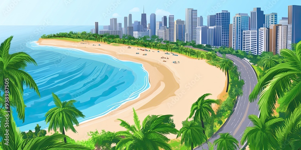 Sticker Coastal Cityscape: Beach, Waves, and Palm Trees