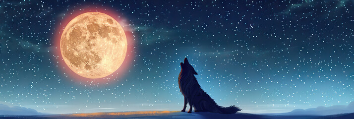 Nocturnal Majesty: A majestic wolf howling at the full moon under a starry sky.