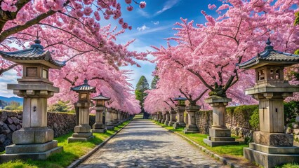 Vibrant pink cherry blossoms bloom against a serene blue sky, framing a tranquil footpath lined with ancient stone lanterns in Kyoto's picturesque spring landscape.