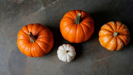 pumpkins of different colors and sizes on a stone surface