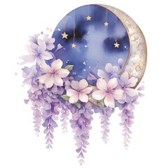 A dreamy moon surrounded by beautiful lilac flowers and stars, creating a serene and magical night scene.