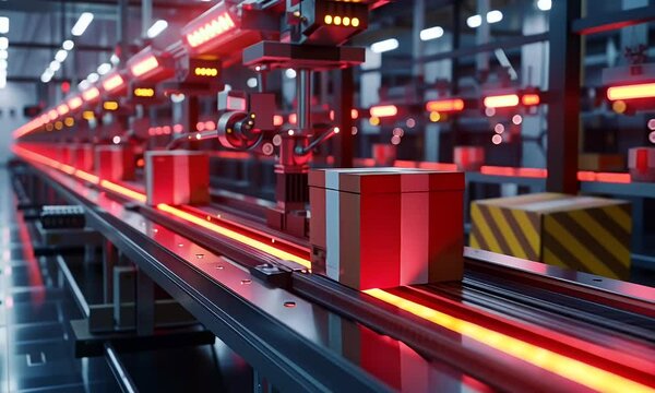 A packaging line with high-tech machines rapidly boxing and labeling consumer products, lit by harsh industrial lighting
