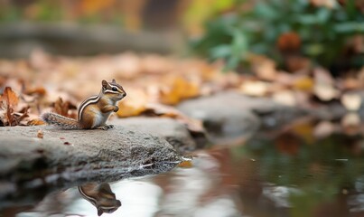 Fototapeta premium A small chipmunk sits on the rocky edge of a pond, looking into the water. The ground around it is strewn with fallen leaves and patches of green plants.
