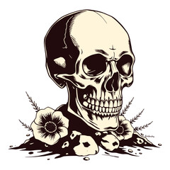 Skull Surrounded by Flowers and Rocks