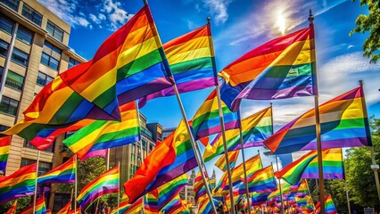 Naklejka premium Vibrant rainbow-colored flags and banners wave proudly in the air, symbolizing unity, diversity, and solidarity among the LGBTQ+ community during a festive celebration.