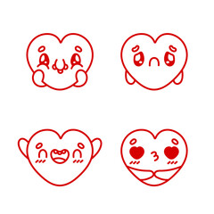Heart characters. Love concept. Valentines day characters. Funky happy heart character in trendy retro style. Happy, Smiling, In Love, Sad Stickers. Vector illustration in red colors