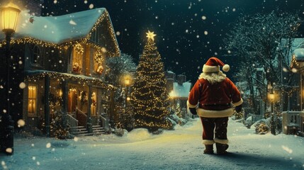Santa Claus Walking Through a Snowy Christmas Town