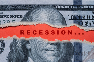 USD dollar banknote is torn with recession wording on red background for United of America risk of great economic depression crisis concept.