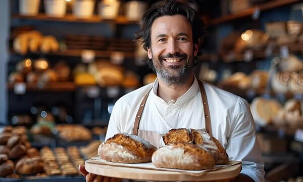 A baker in a white apron, holding a tray of freshly baked bread, standing in a bakery, smiling .