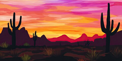 Desert Landscape with Cacti at Sunset