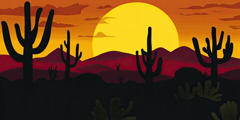 Desert Sunset with Silhouetted Cacti and Mountains