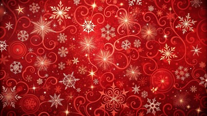 Vibrant red holiday background features a repetitive pattern of snowflakes, swirls, and stars on a rich crimson tone, perfect for festive designs and celebrations.