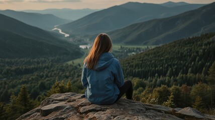 Naklejka premium young girl sits with her back against the backdrop of mountains