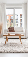 Fototapeta premium Modern coffee table and sofa in a minimalist bright living room space. Interior design composition.