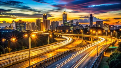 Fototapeta premium Vibrant streetlights cast a golden glow on a busy highway, illuminating Asphalt lanes, concrete medians, and towering cityscape silhouettes against a deep blue evening sky.