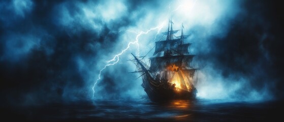 Fototapeta premium Dramatic Pirate Ship in Stormy Sea with Lightning and Dark Clouds at Night