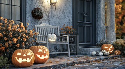 Obraz premium Halloween pumpkins jack o' lanterns, flowers and chairs on front porch, exterior home decor, seasonal decorations, gray and white