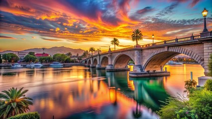 Vibrant sunset casts a warm glow on the iconic London Bridge replica in Lake Havasu City, Arizona, surrounded by calm waters and lush trees.
