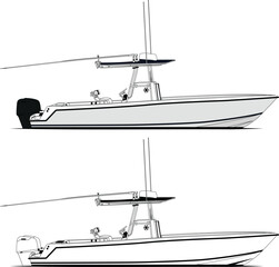 High-quality line drawing vector fishing boat. Black, white, and color illustration.