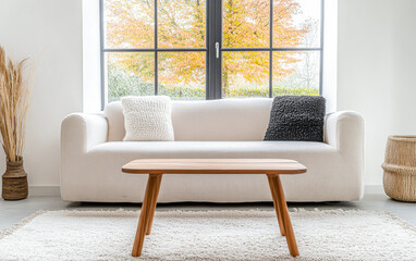 Fototapeta premium Modern coffee table and sofa in a minimalist bright living room space. Interior design composition.