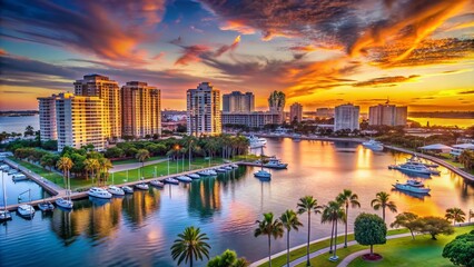 Fototapeta premium Vibrant sunset illuminates the tranquil Sarasota cityscape, featuring sleek high-rise buildings, majestic palm trees, and a serene marina along the sparkling waters of Sarasota Bay.