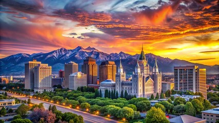 Fototapeta premium Vibrant sunset over Salt Lake City's majestic skyline, featuring the Church of Jesus Christ of Latter-day Saints Temple, surrounded by majestic mountains and serene waters.