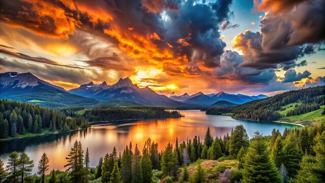 Vibrant sunset illuminates layered clouds, casting a warm glow on rugged mountains, serene lake, and lush forest landscape with dramatic, high-dynamic-range contrast.