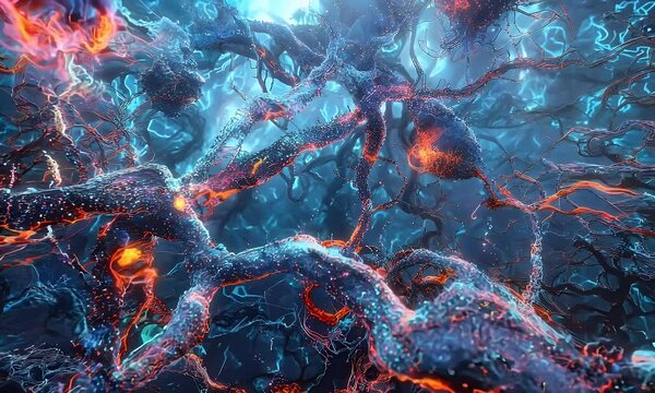 pulsating synapses, vibrant tendrils, artificial intelligence lifeform, textured surface, alien landscape