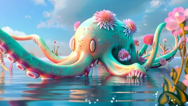 3d render of cute little pastel colored sea monster with long tentacles and flowers.