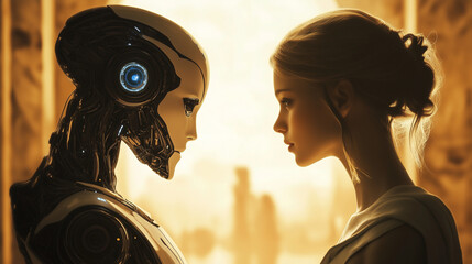 A high-tech modern robot interacts with a person. Robot and man. Robot in the modern world. AI generation