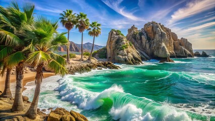 Vibrant turquoise ocean waves crash against rugged rock formations at San Lucas Bay in Los Cabos, Mexico, amidst lush green palm trees and blue sky.